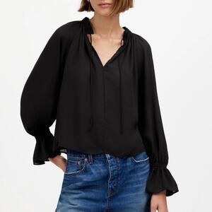 Madewell Long Sleeve Semisheer Tie Neck Top True Black Size M NWT
